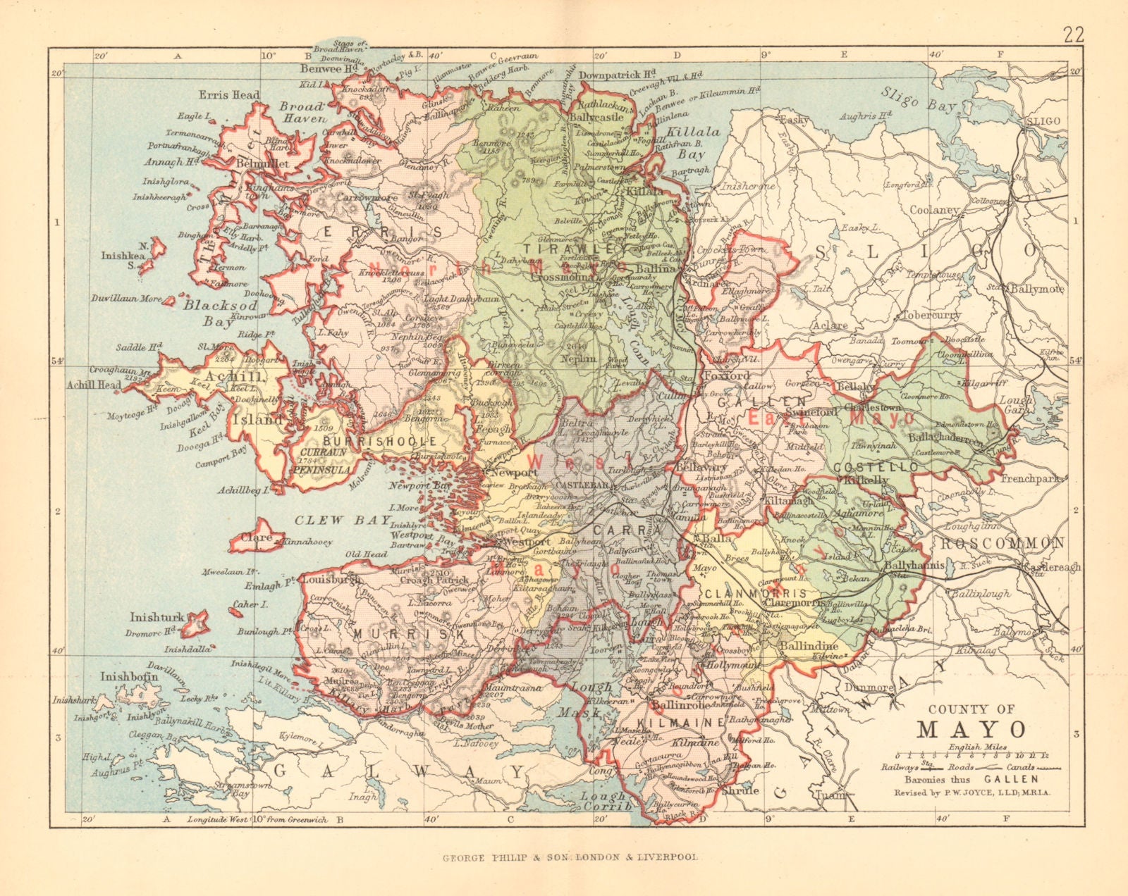 COUNTY MAYO. Antique county map. Connaught. Ireland. BARTHOLOMEW 1886 old